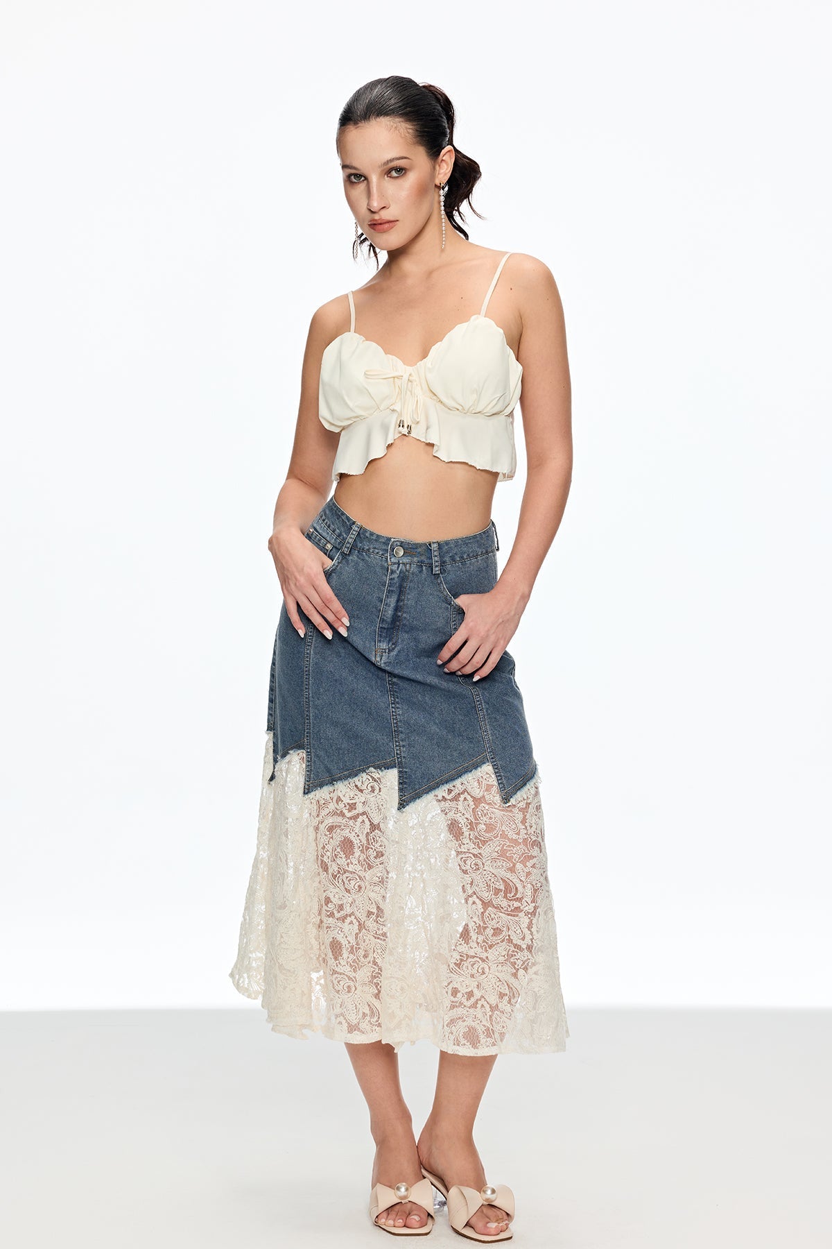 Cain Lace Denim Midi Etek