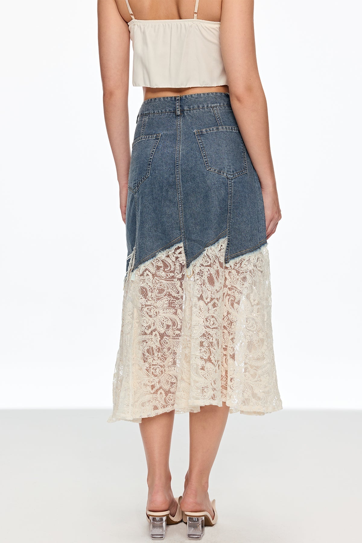 Cain Lace Denim Midi Etek