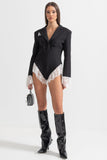 Beyaz Dantel Süslemeli Zarif Blazer Bodysuit