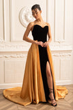 Gold Satin Etekli Kadife Elbise