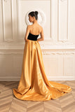 Gold Satin Etekli Kadife Elbise