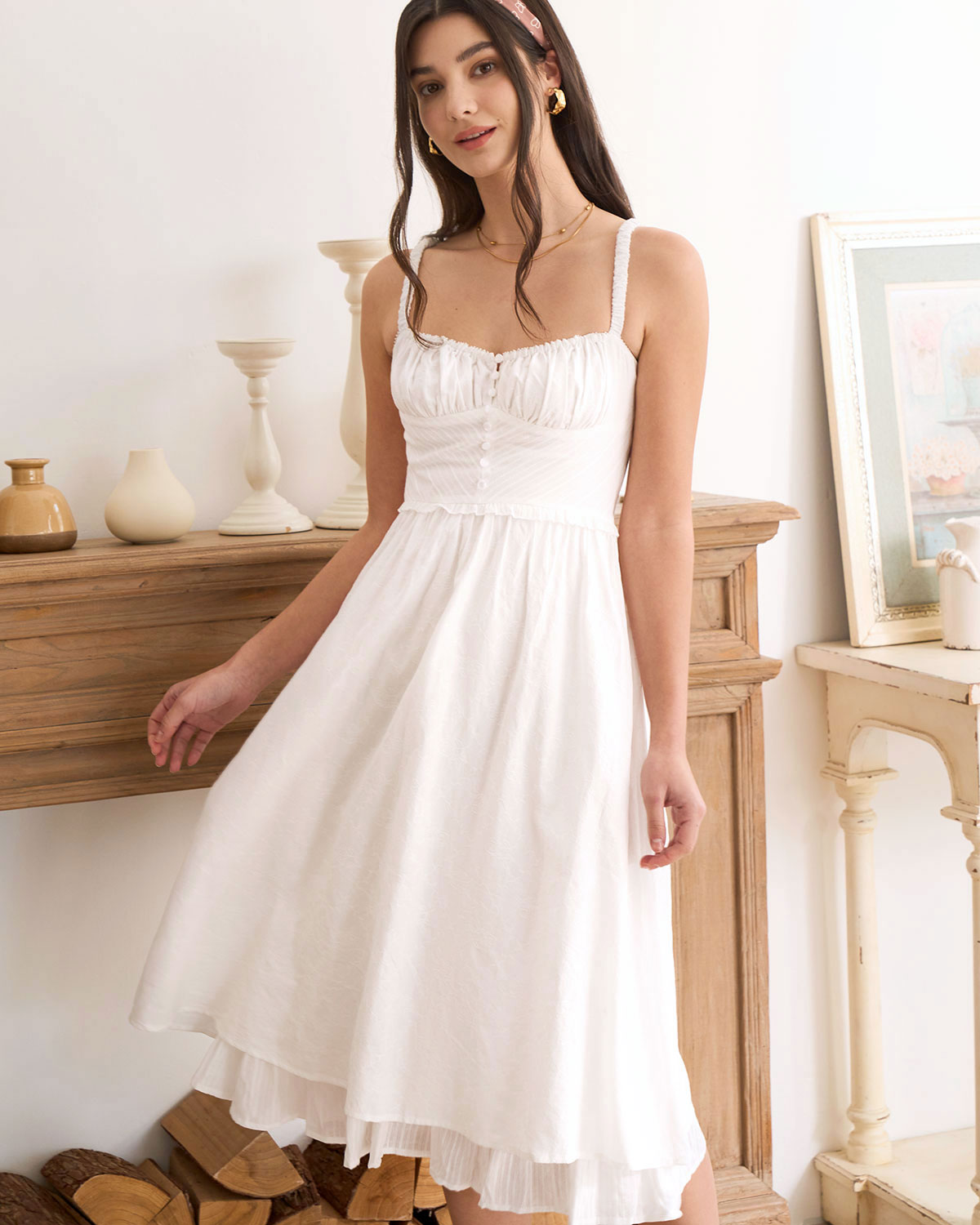 Sueña™ Beyaz Dantelli Slip Pamuk Midi Elbise