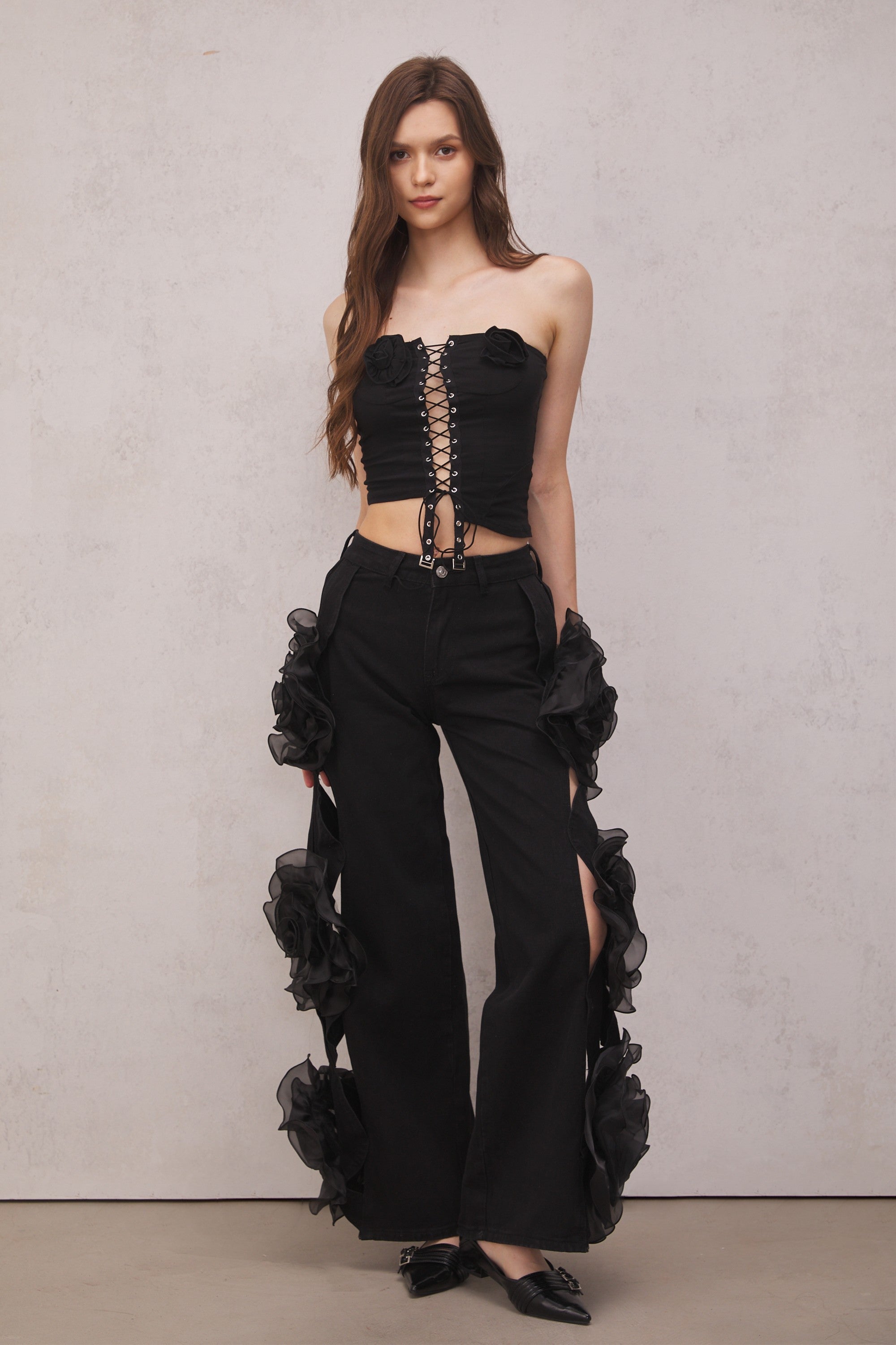 Dior Çiçek Siyah Delikli Kot Pantolon