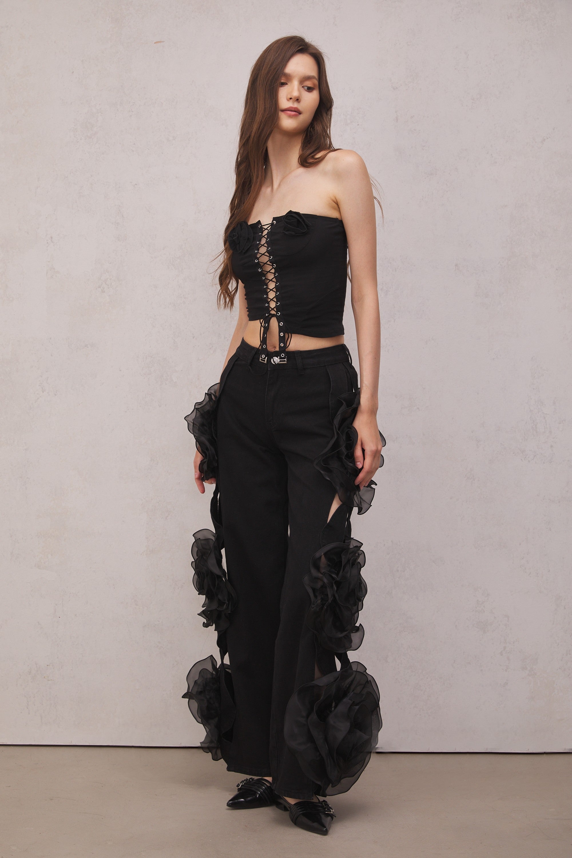 Dior Çiçek Siyah Delikli Kot Pantolon