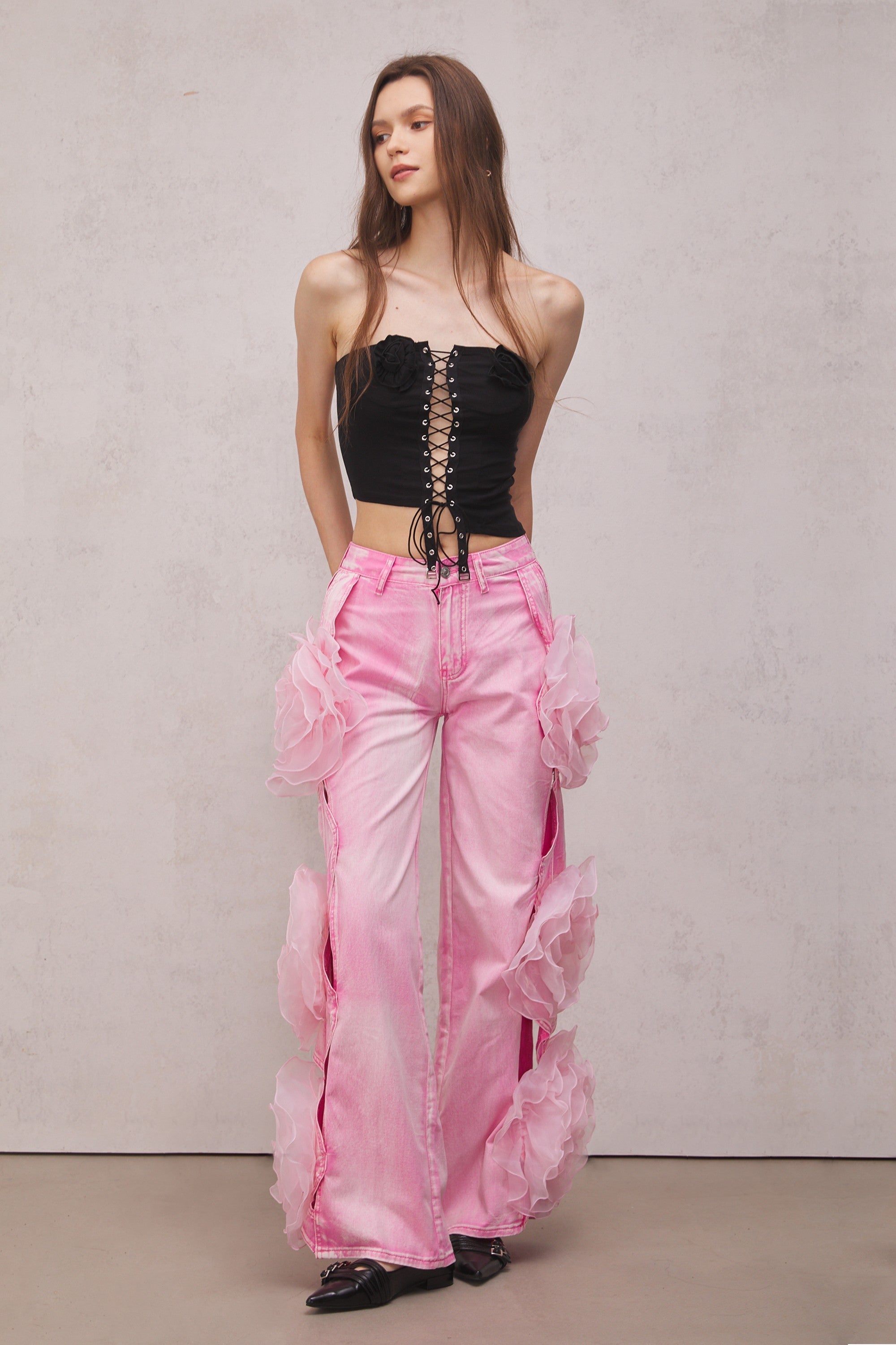 Dior Çiçekli Pembe Kot Pantolon