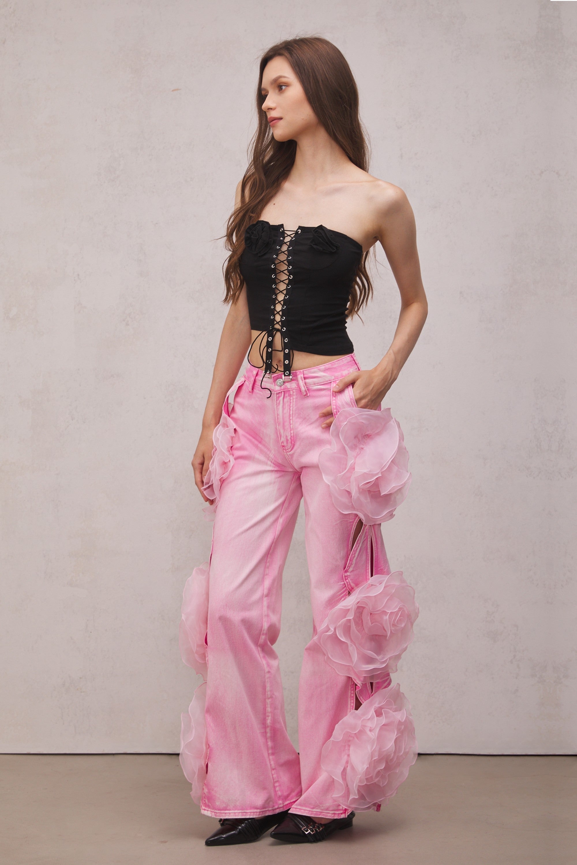 Dior Çiçekli Pembe Kot Pantolon