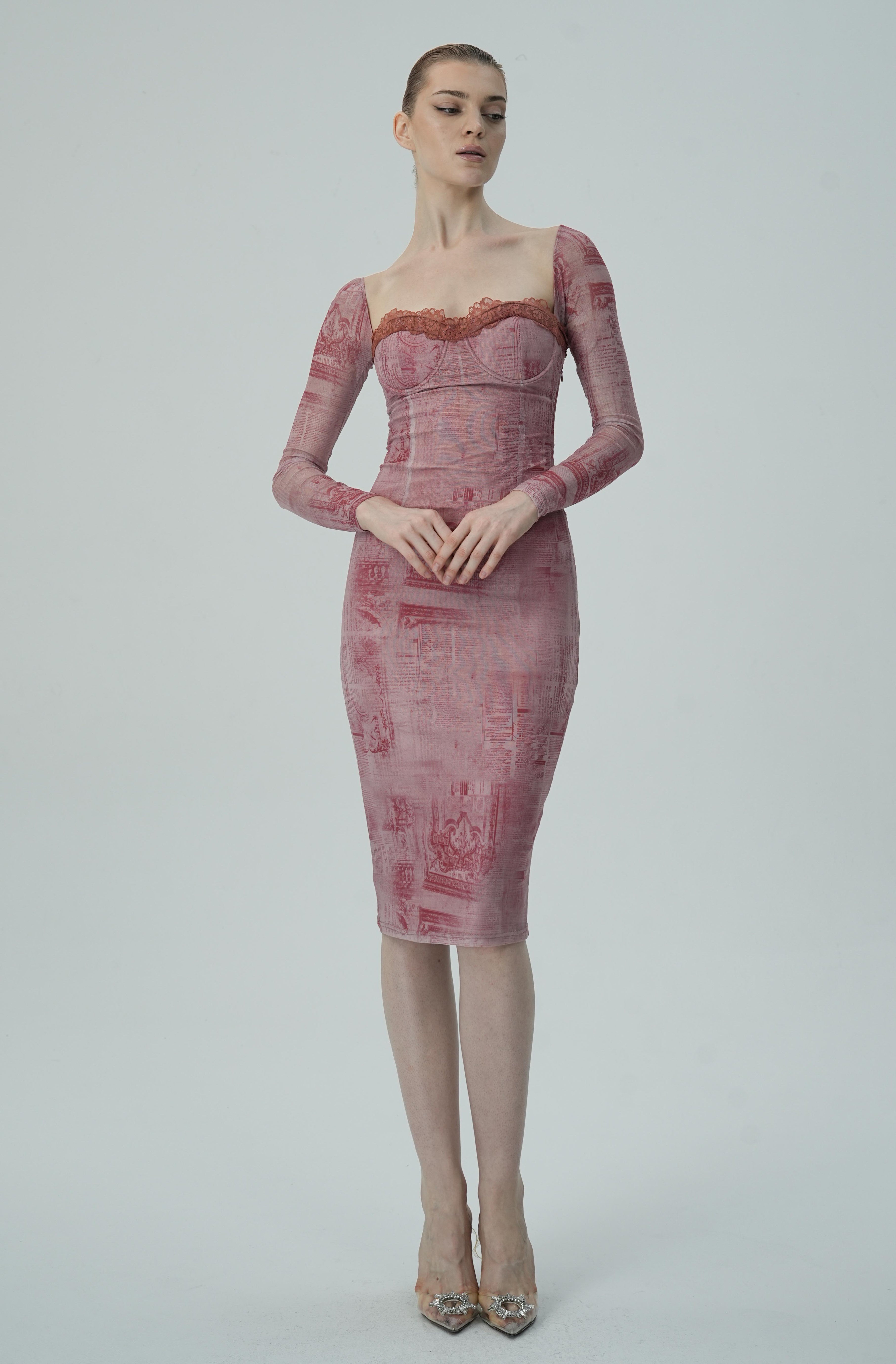 Gül Baskılı Uzun Kollu Bodycon Elbise