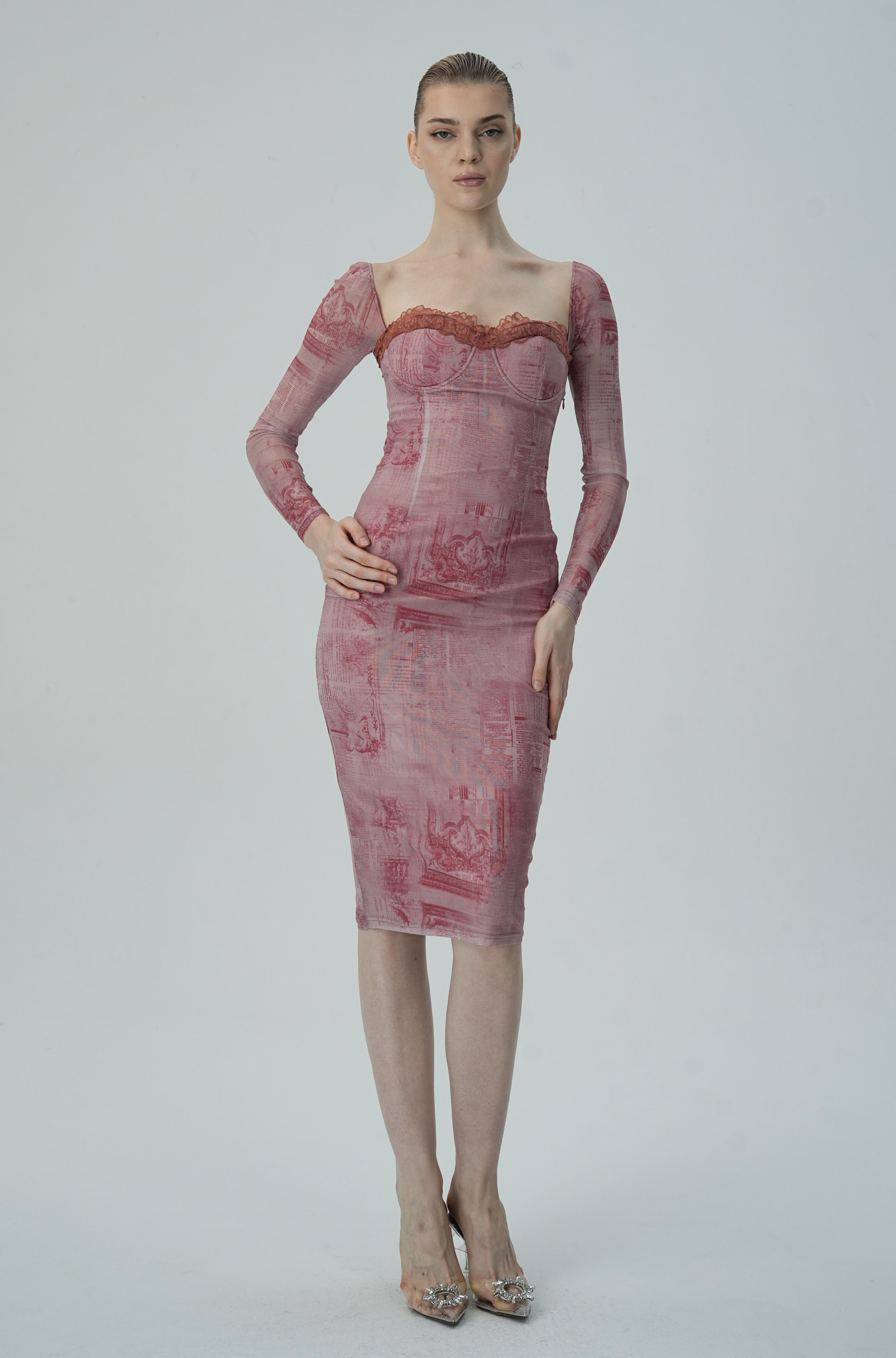 Gül Baskılı Uzun Kollu Bodycon Elbise