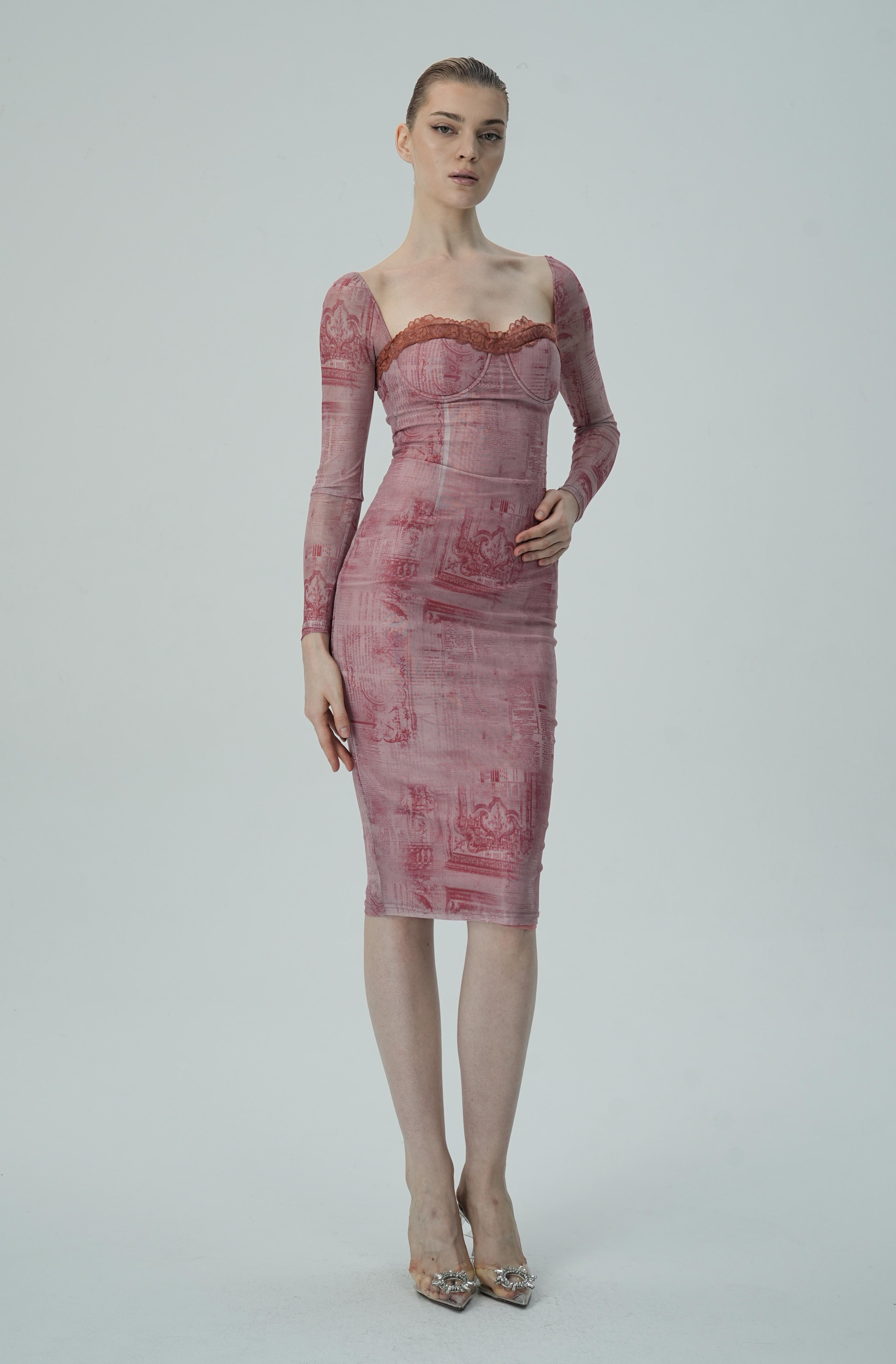 Gül Baskılı Uzun Kollu Bodycon Elbise
