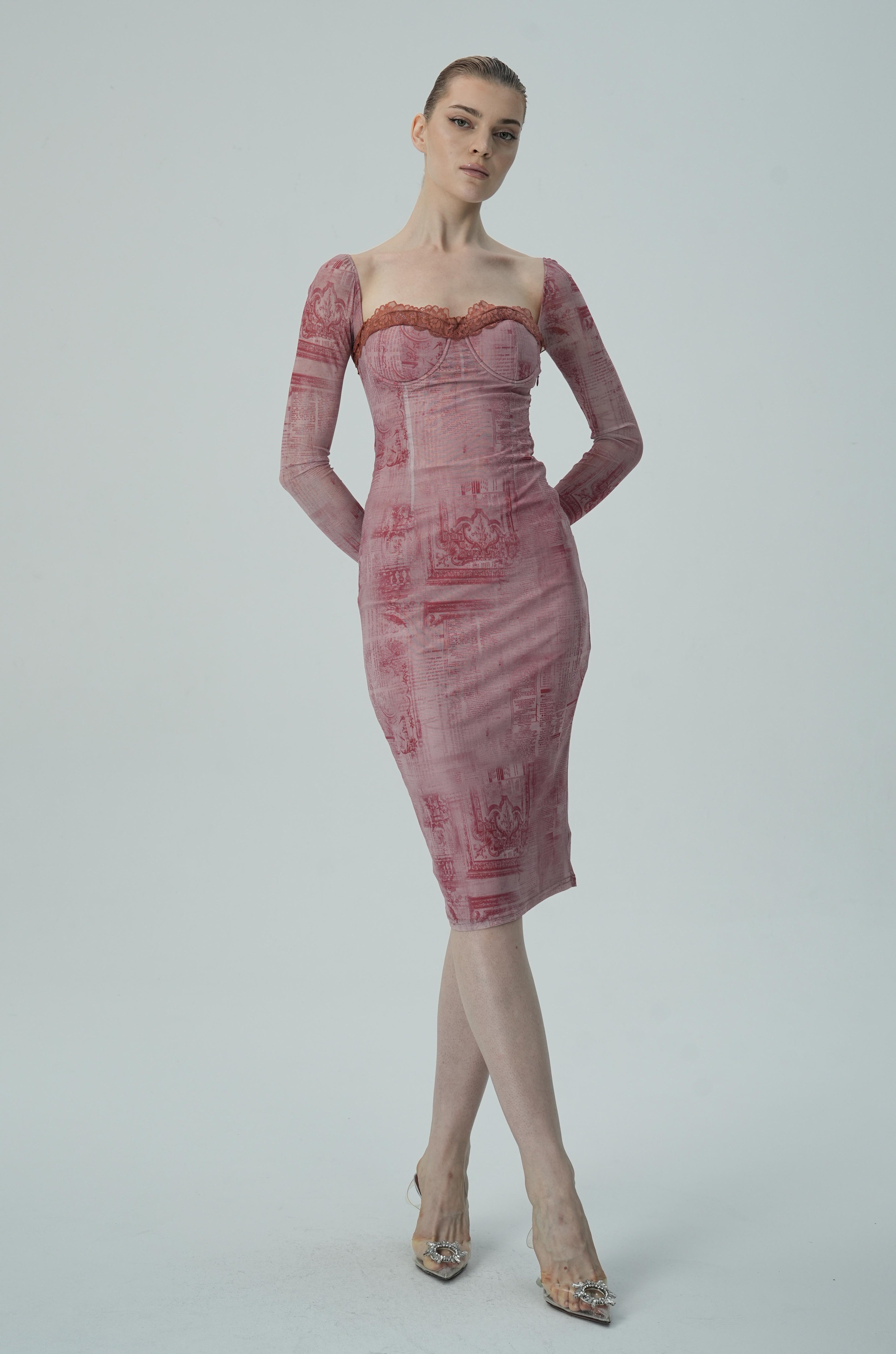 Gül Baskılı Uzun Kollu Bodycon Elbise