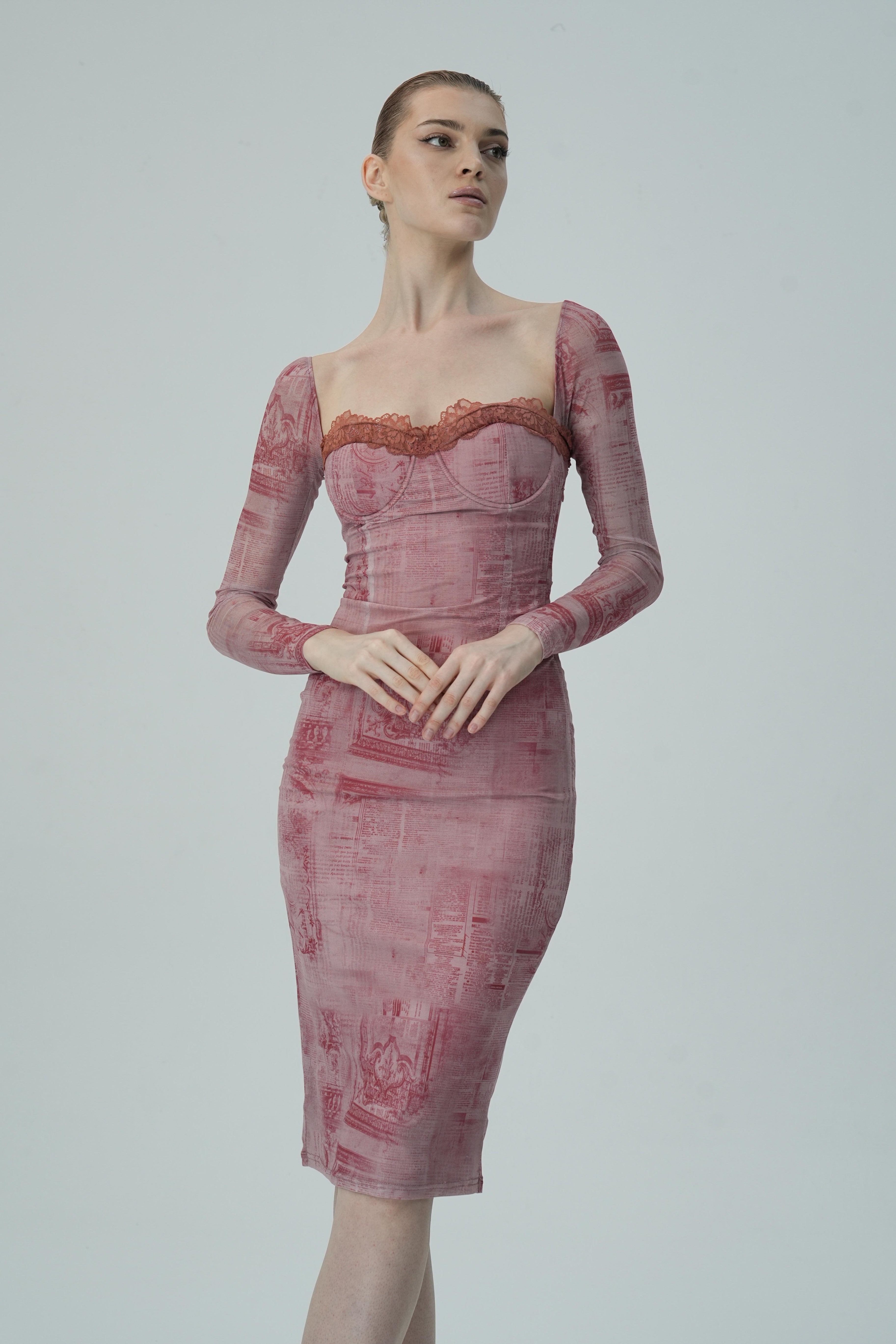 Gül Baskılı Uzun Kollu Bodycon Elbise
