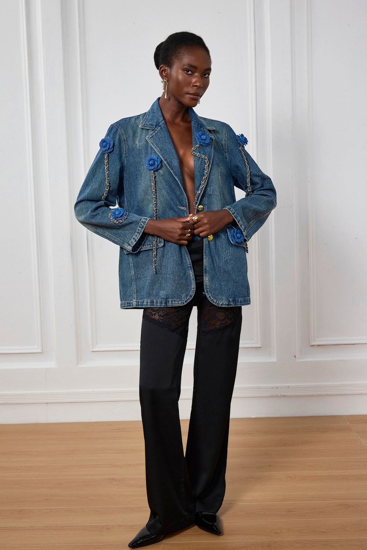 Joelle Çiçek Zincir Yaka Denim Ceket