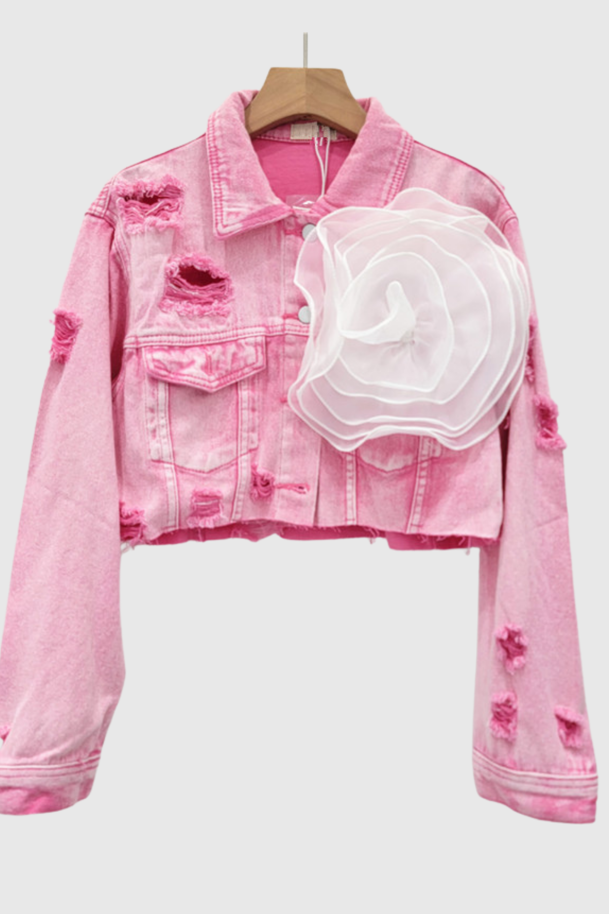Johanna Yırtık Çiçek Denim Ceket Pembe