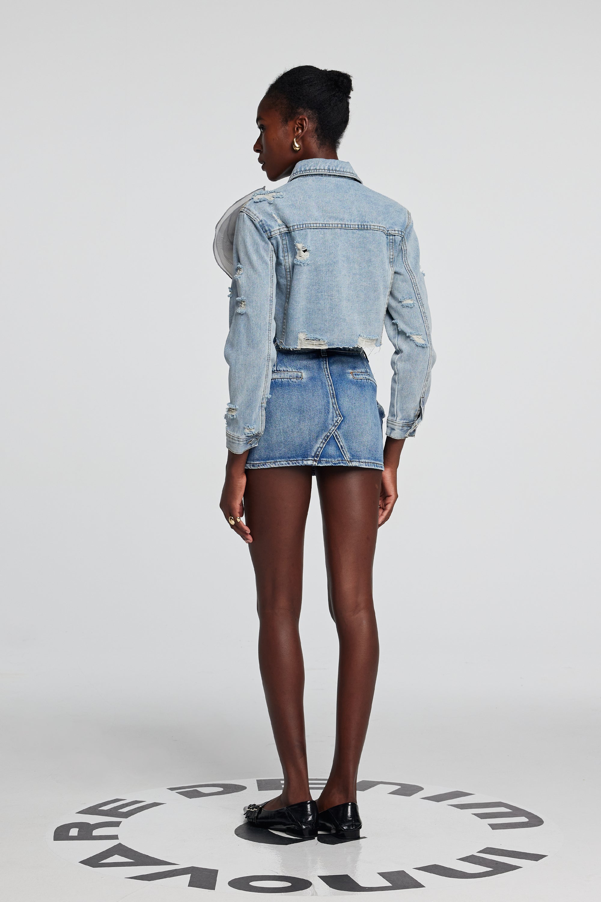 Johanna Yırtık Çiçek Mavi Denim Ceket