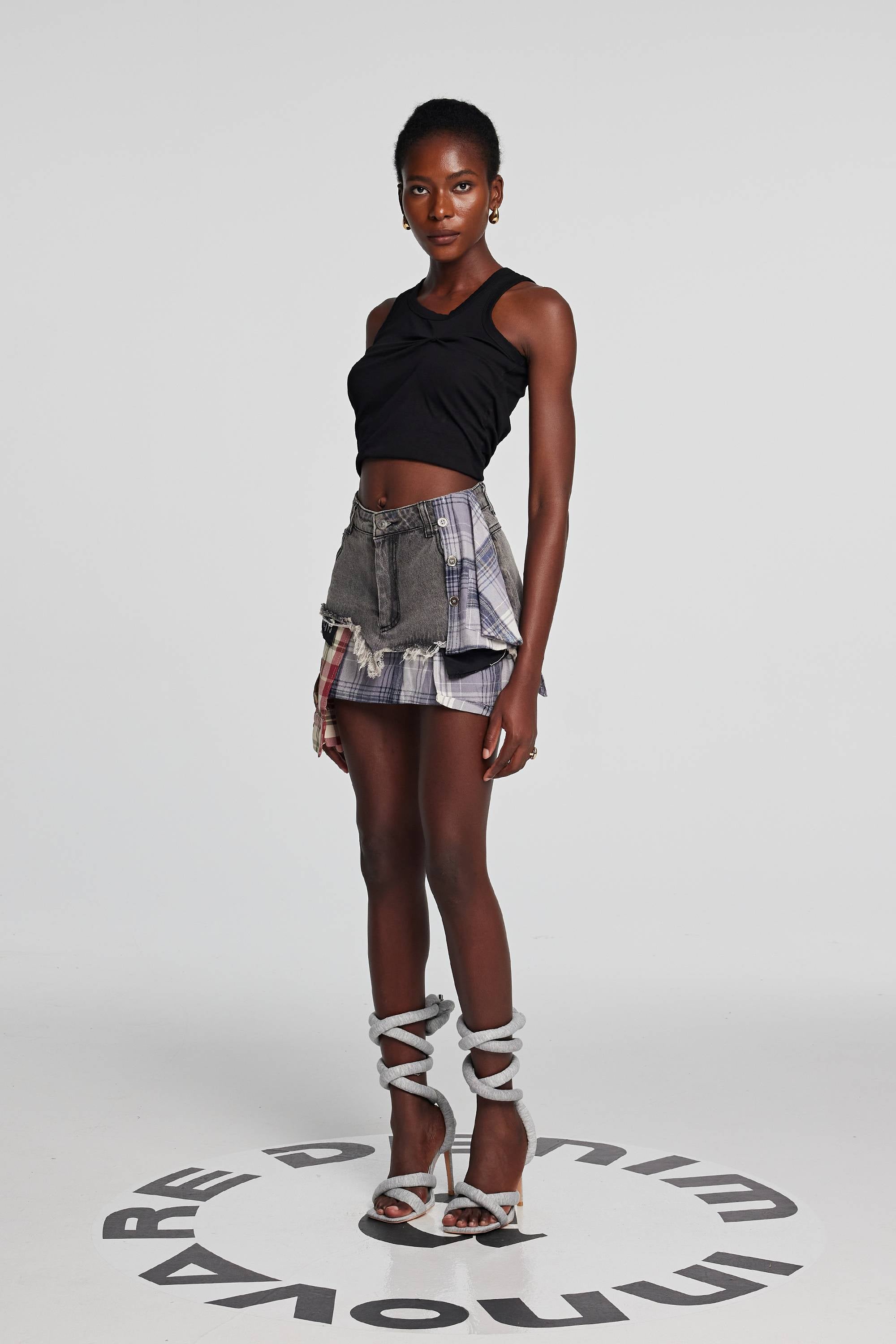 Kenna Grid Deconstruct Siyah Patchwork Mini Etek