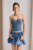 Livia Diamonds Taşlı Straplez Denim Üst