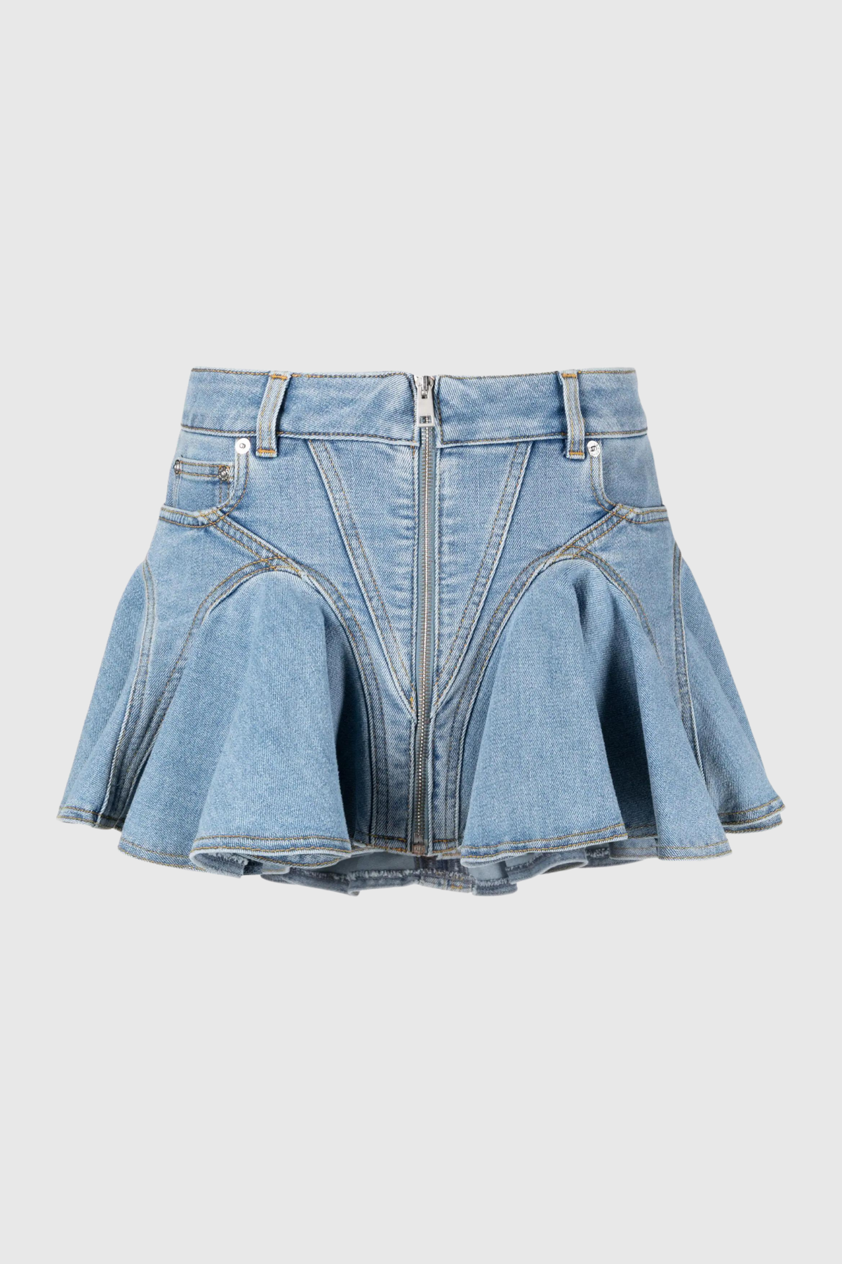 Kadife Fırfırlı Denim Mini Etek