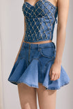 Kadife Fırfırlı Denim Mini Etek