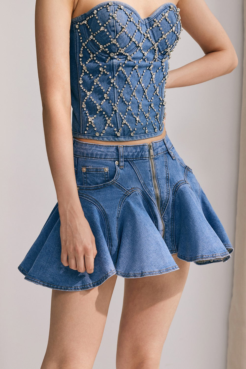 Kadife Fırfırlı Denim Mini Etek