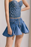 Kadife Fırfırlı Denim Mini Etek