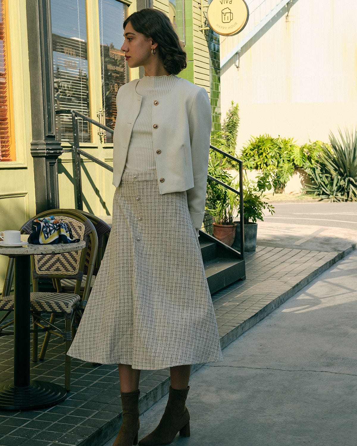 Düz Kırpılmış Tweed Ceket