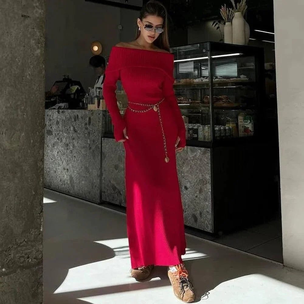 Scarlet Ribana Örgü Omuzları Açık Maksi Elbise
