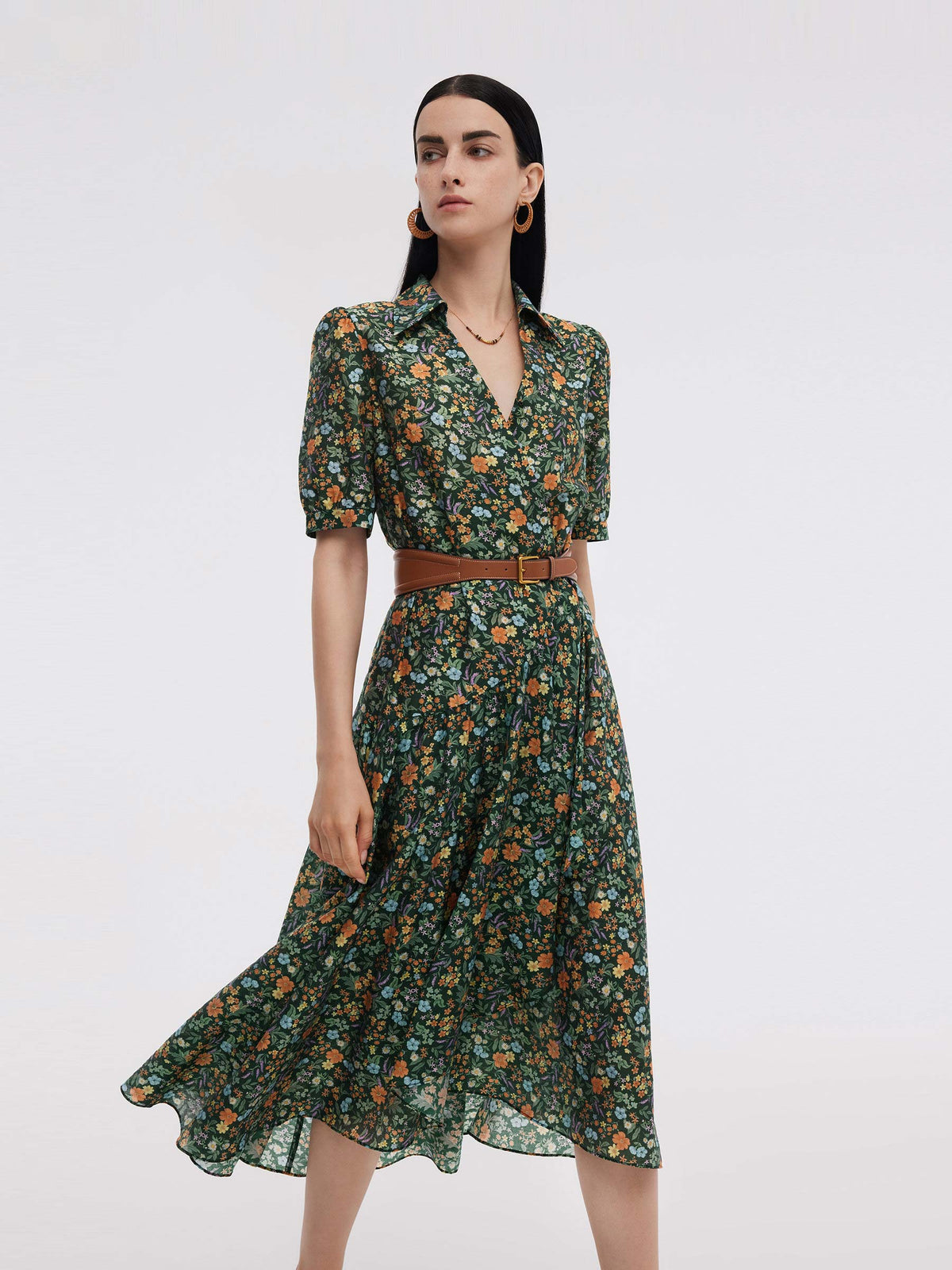 Tencel Karışımlı Çiçek Desenli Kadın V Yaka Uzun Elbise