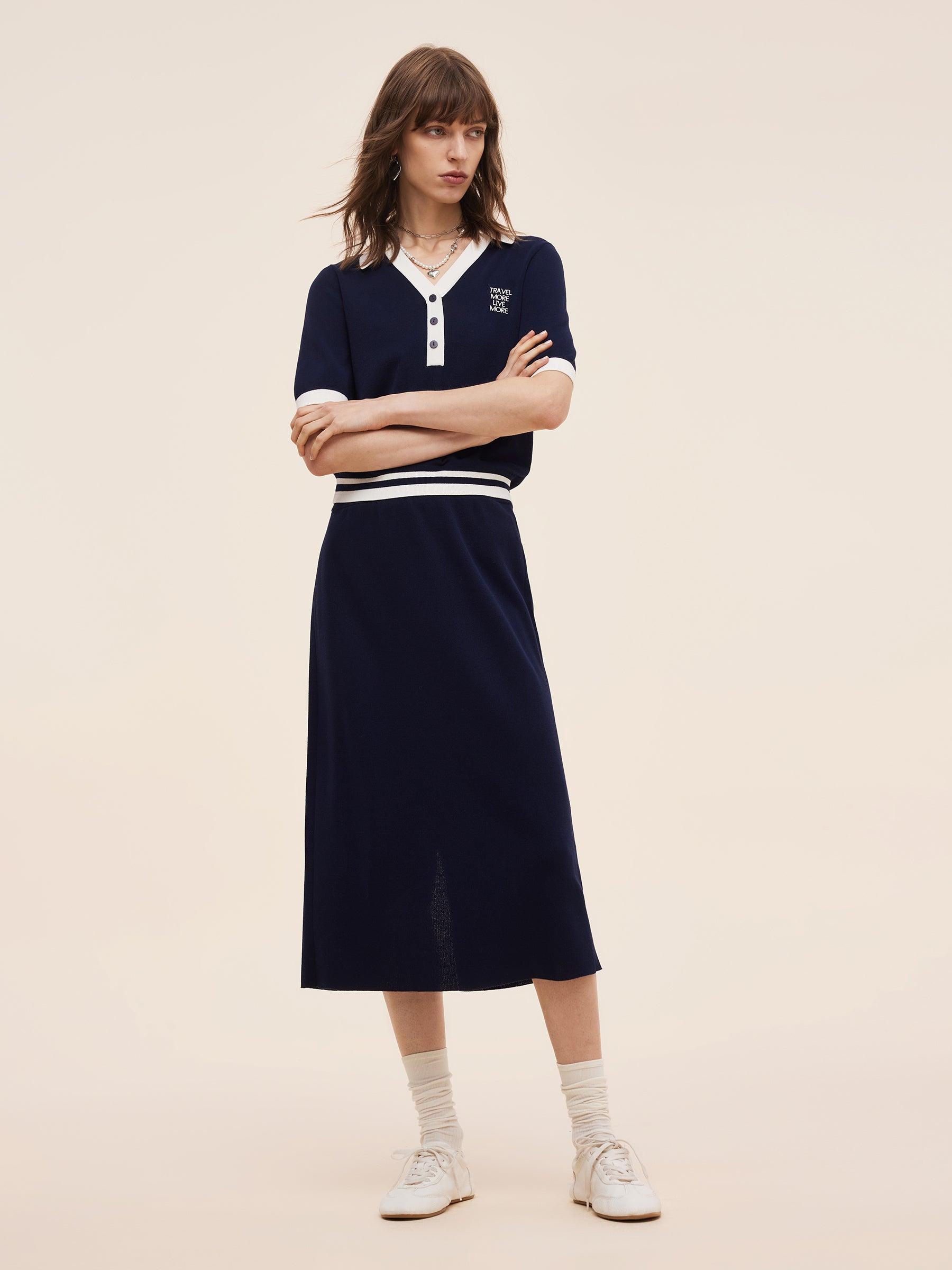 Tencel Karışımlı Kontrast Kesimli Örme Üst Ve Etek İki Parçalı Set
