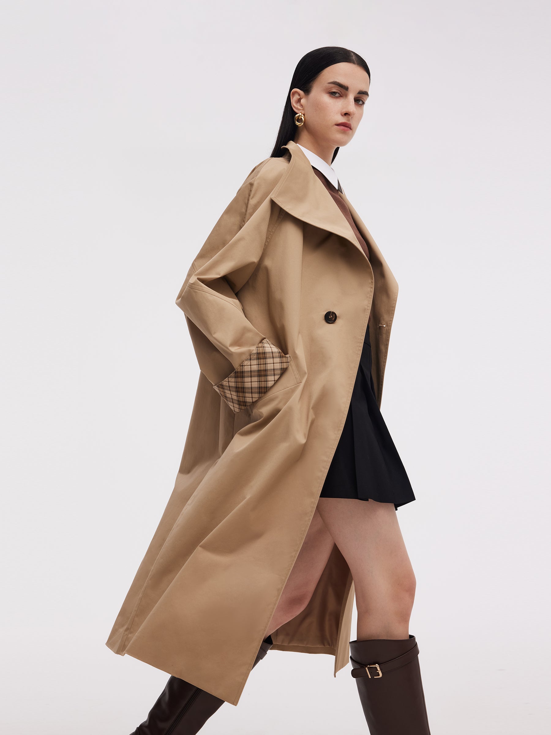 Pamuklu Renk Blok Manşetli Unisex Trençkot