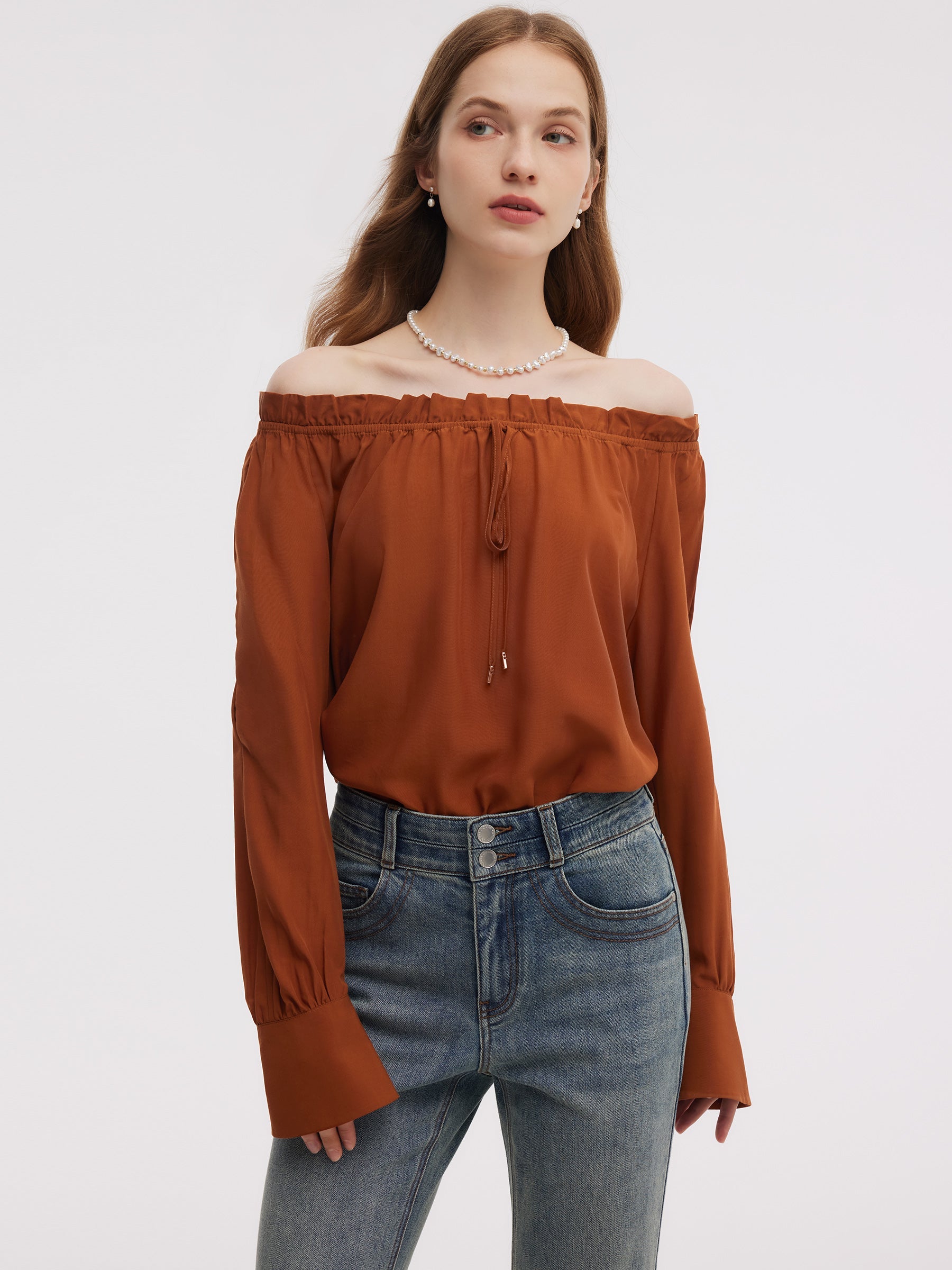 Tencel Asetat Karışımlı Kadın Omuz Açık Bluz