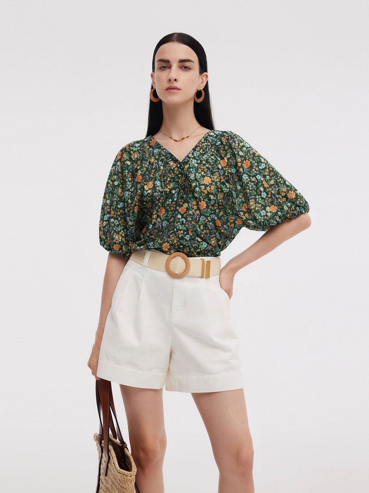 Tencel Karışımlı Çiçek Desenli Kadın V Yaka Bluz