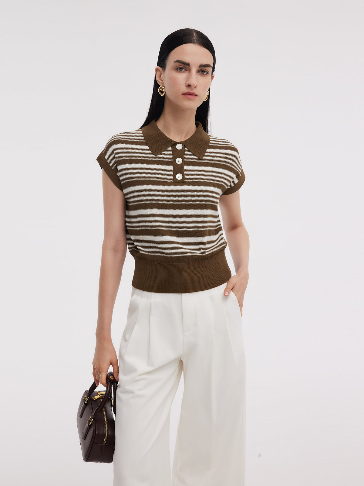 Tencel Karışımlı Polo Yaka Çizgili Kadın Kısa Kollu Örgü Atlet