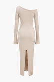 Button Asymmetric Neck Long Sleeve Maxi Elbise