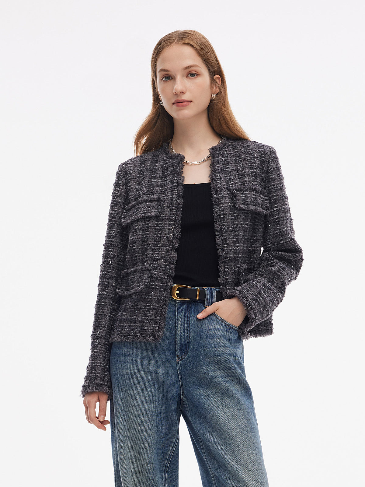 Yün Karışımı Payetli Tweed Kadın Yıpranmış Kenarlı Kırpılmış Ceket