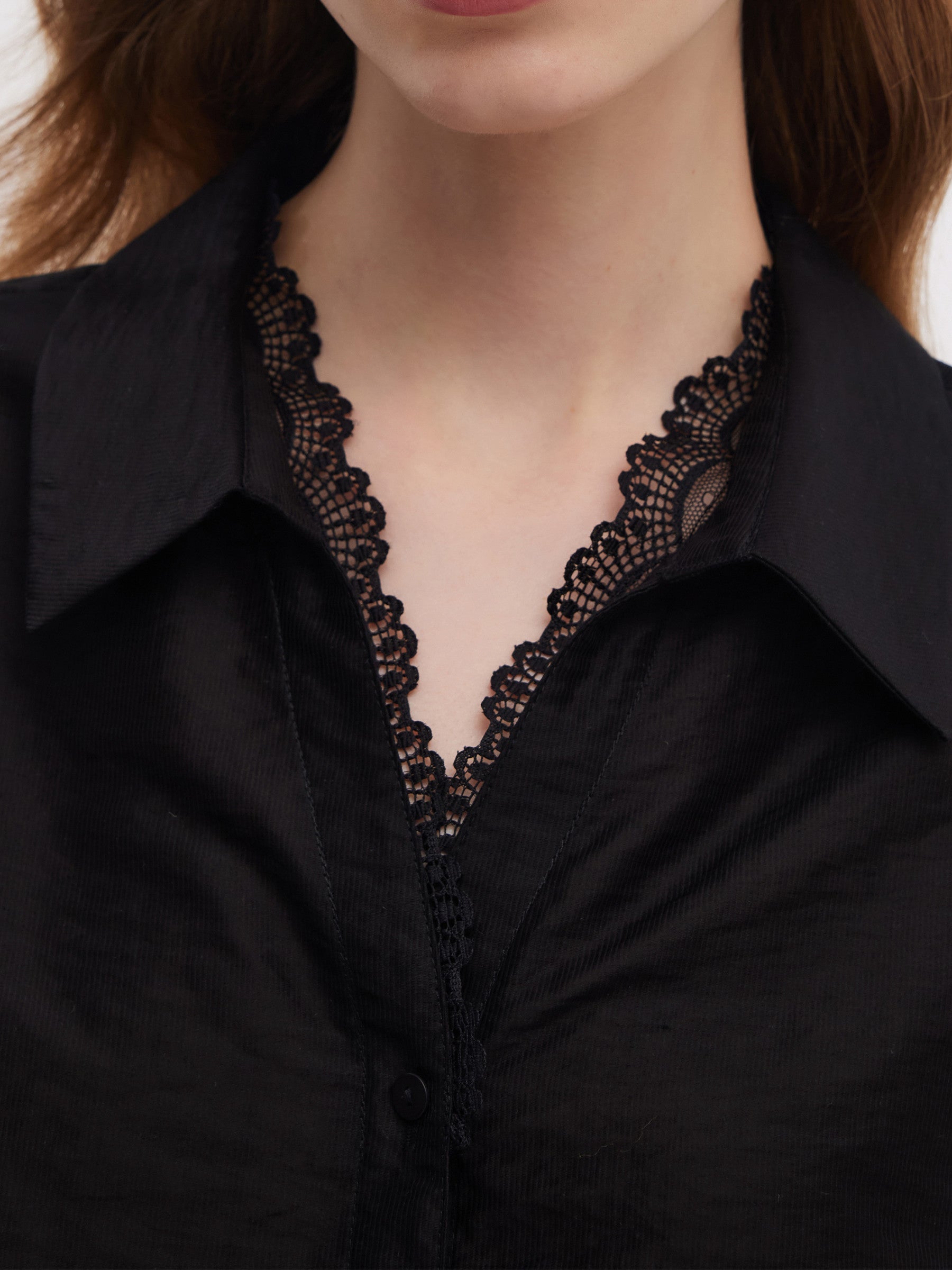 Tencel Karışımlı Dantel V Yaka Kadın Sahte Katmanlı Gömlek