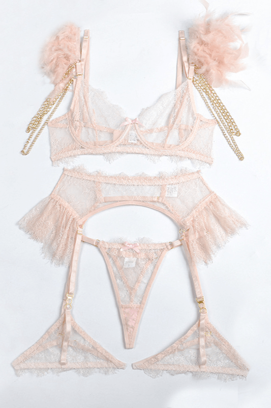 Sueña™ PRIVATE PINK Dantel Dört Parça İç Giyim - Pembe