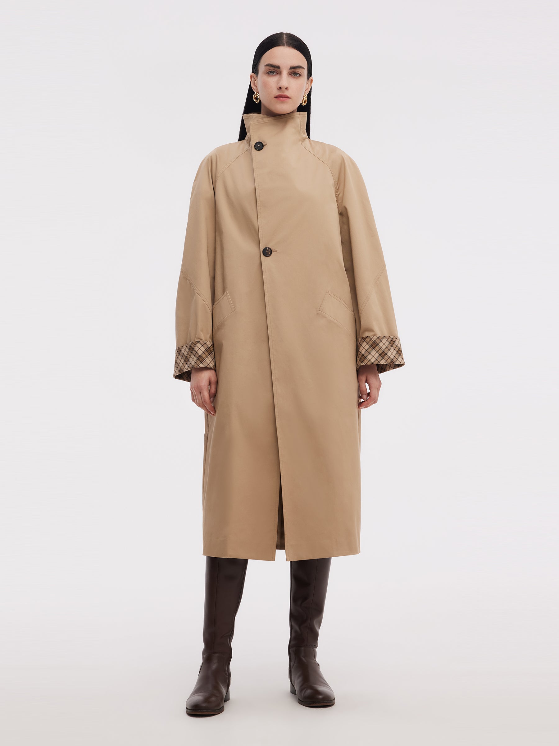Pamuklu Renk Blok Manşetli Unisex Trençkot