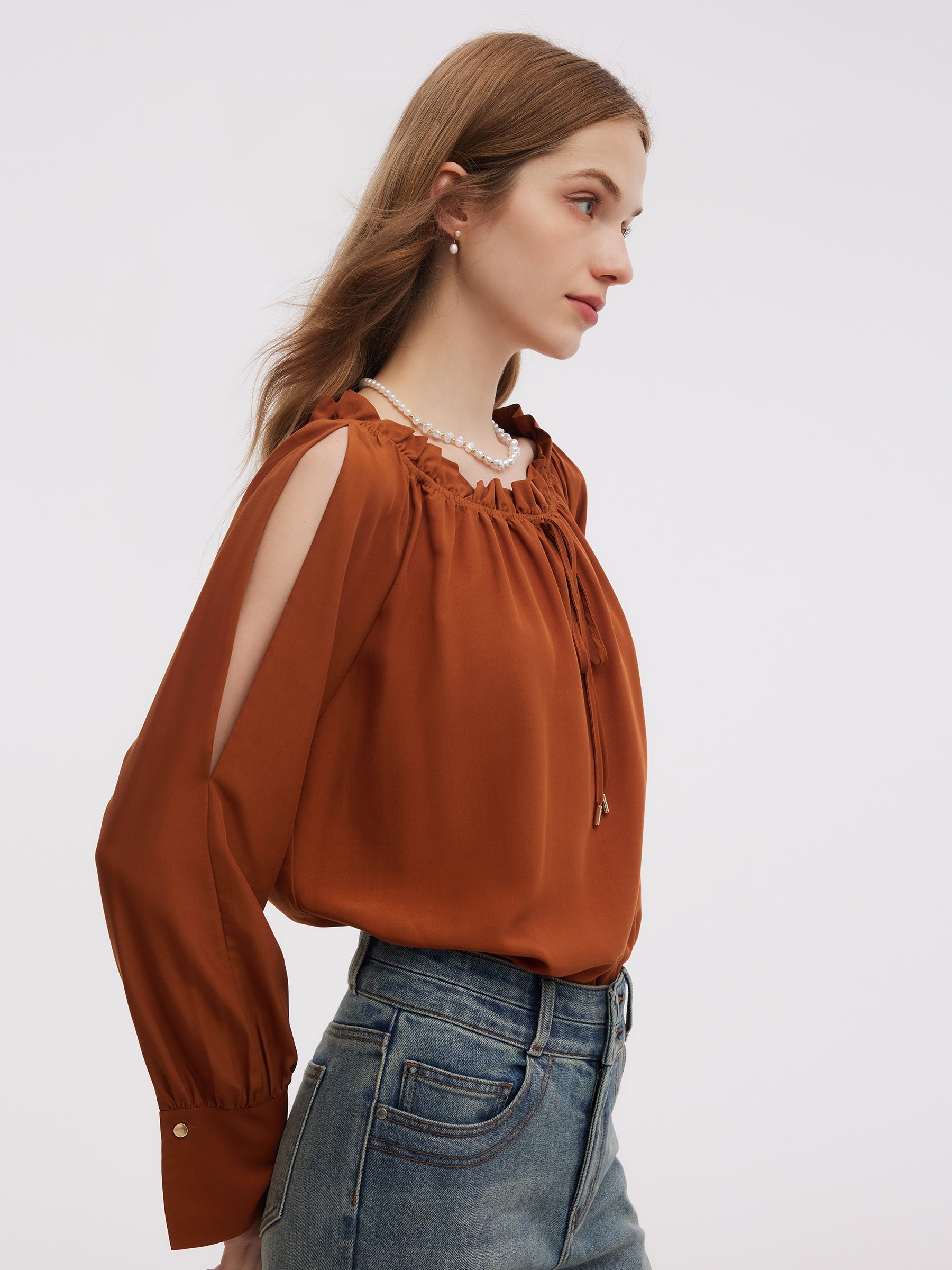 Tencel Asetat Karışımlı Kadın Omuz Açık Bluz
