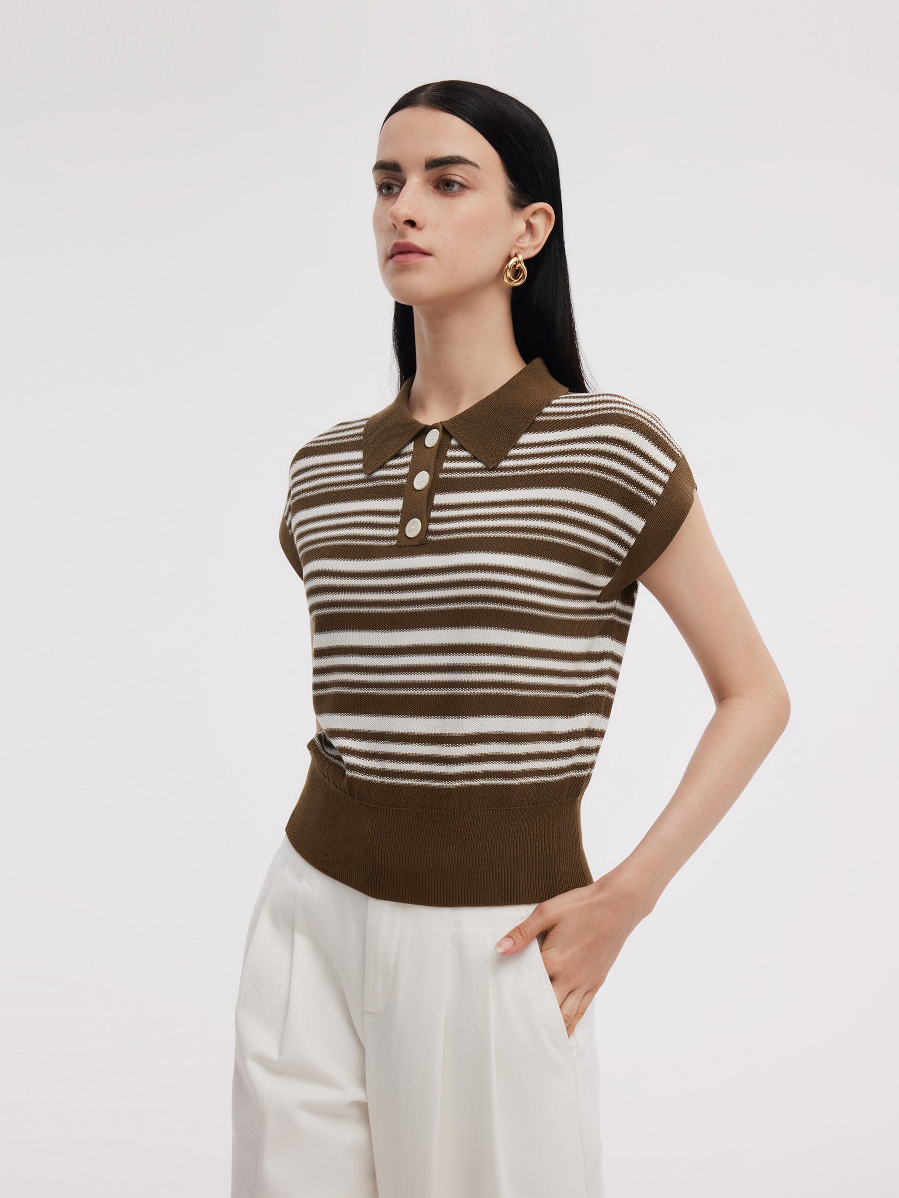 Tencel Karışımlı Polo Yaka Çizgili Kadın Kısa Kollu Örgü Atlet