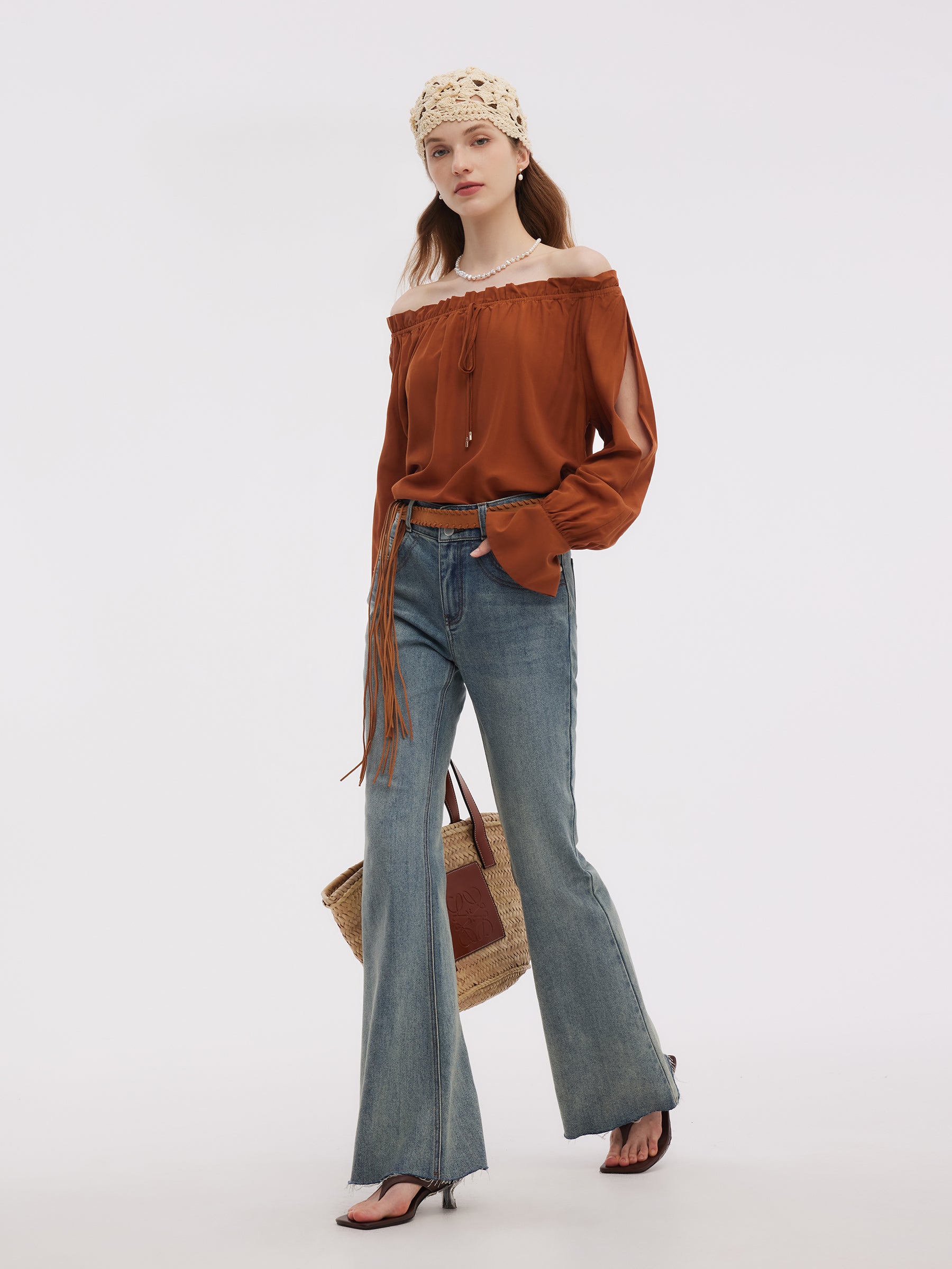 Tencel Asetat Karışımlı Kadın Omuz Açık Bluz