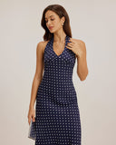 Sueña™ Mavi Polka Dot Askılı Uzun Elbise