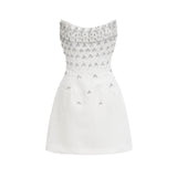 Radiance Elegance Beyaz Taş İşlemeli Straplez Mini Elbise