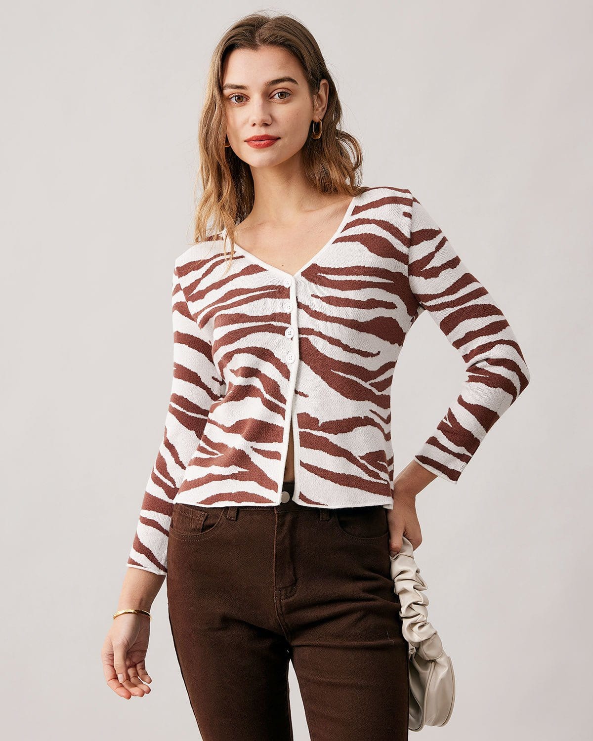 Sueña™ Kahve V Yaka Zebra Örgü Hırka