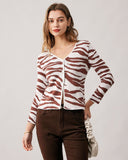 Sueña™ Kahve V Yaka Zebra Örgü Hırka
