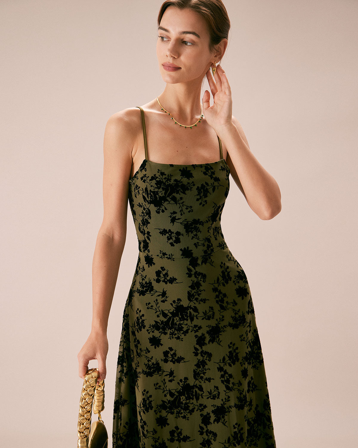 Sueña Yeşil Çiçekli Burnout A-Line Slip Midi Elbise