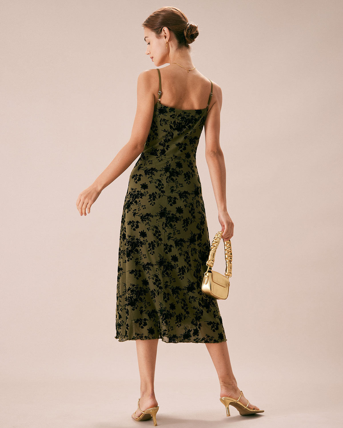 Sueña Yeşil Çiçekli Burnout A-Line Slip Midi Elbise