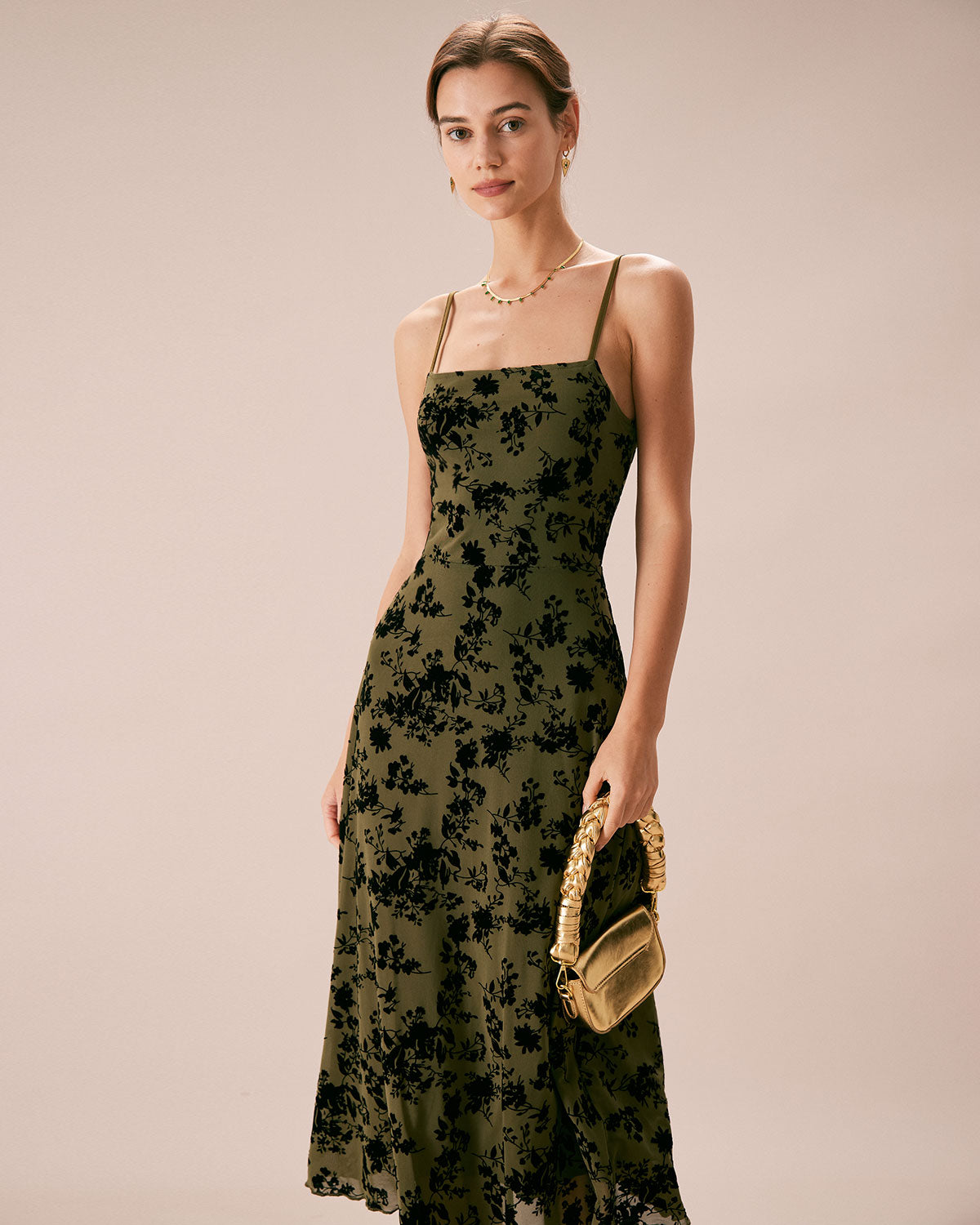 Sueña Yeşil Çiçekli Burnout A-Line Slip Midi Elbise