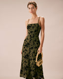 Sueña Yeşil Çiçekli Burnout A-Line Slip Midi Elbise