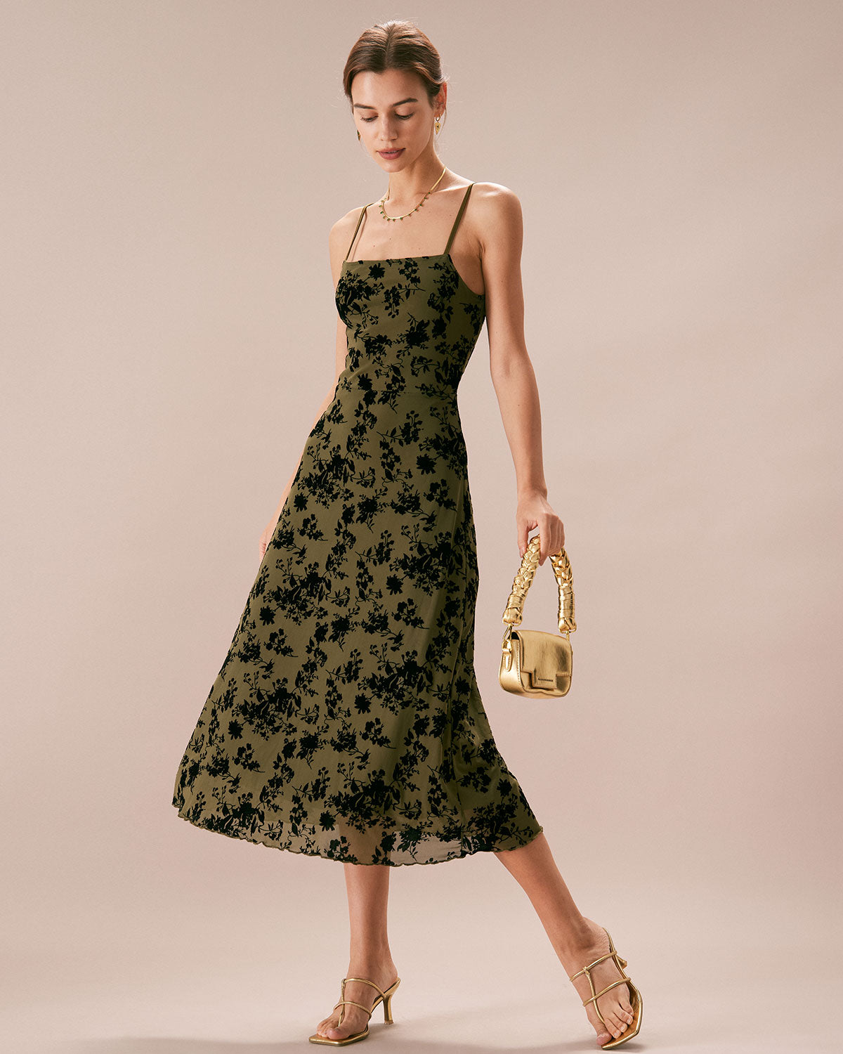 Sueña Yeşil Çiçekli Burnout A-Line Slip Midi Elbise