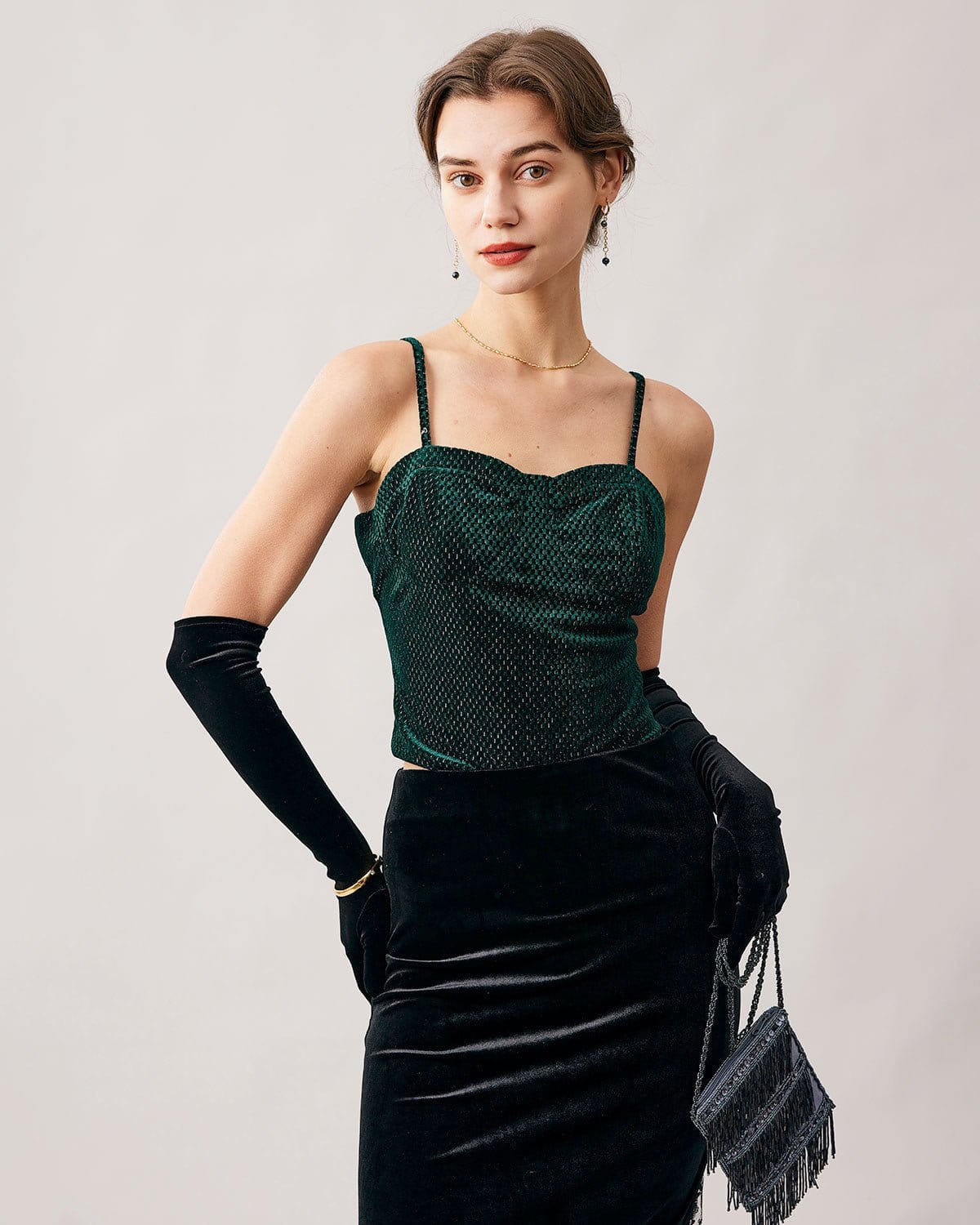 Sueña™ Yeşil Kalp Yaka Kadife Crop Cami Üst